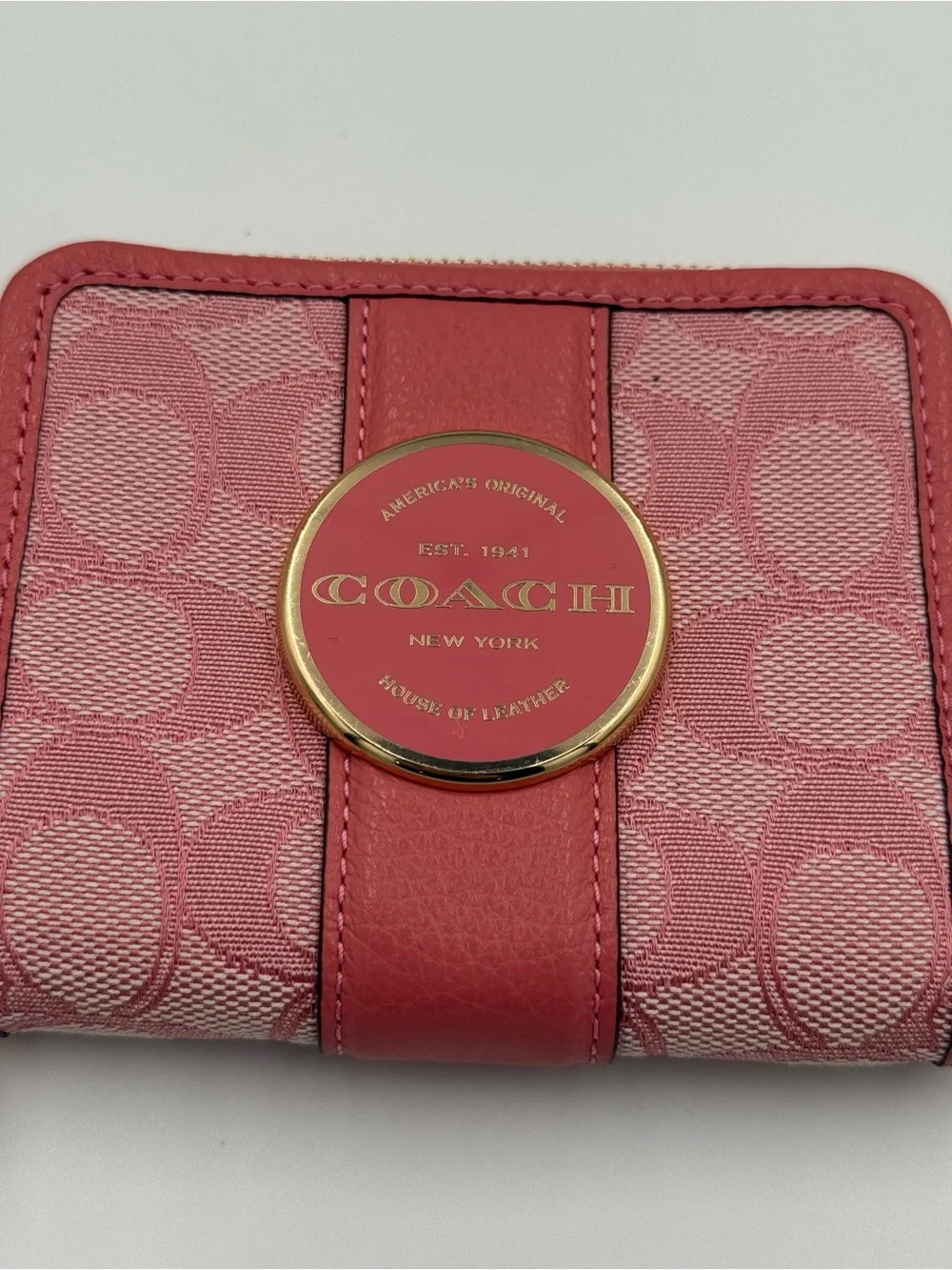 Coach Pink Signature Compact Zip Wallet with Gold Accent